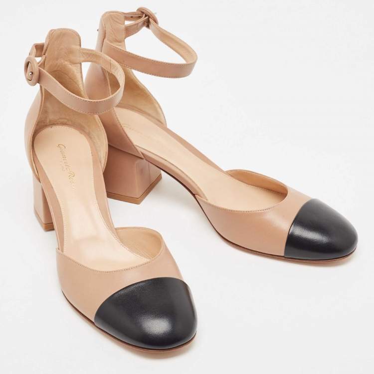 Pre Owned Gianvito Rossi Beige/Black Leather Block Heel Ankle Strap Pumps Size 42 