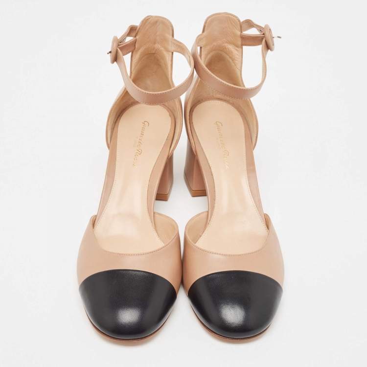 Pre Owned Gianvito Rossi Beige/Black Leather Block Heel Ankle Strap Pumps Size 42 