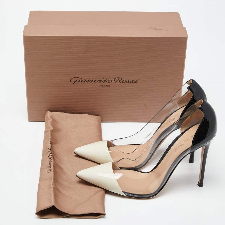 Pre Owned Gianvito Rossi White/Black Patent Leather and PVC Plexi Pointed Toe Pumps Size 40