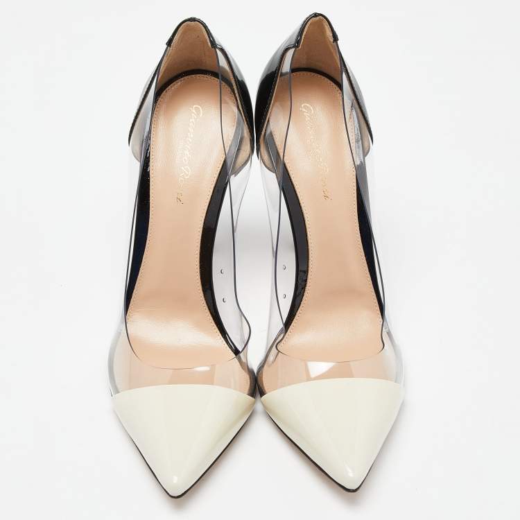 Pre Owned Gianvito Rossi White/Black Patent Leather and PVC Plexi Pointed Toe Pumps Size 40