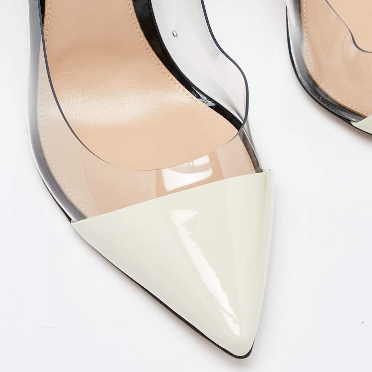 Pre Owned Gianvito Rossi White/Black Patent Leather and PVC Plexi Pointed Toe Pumps Size 40