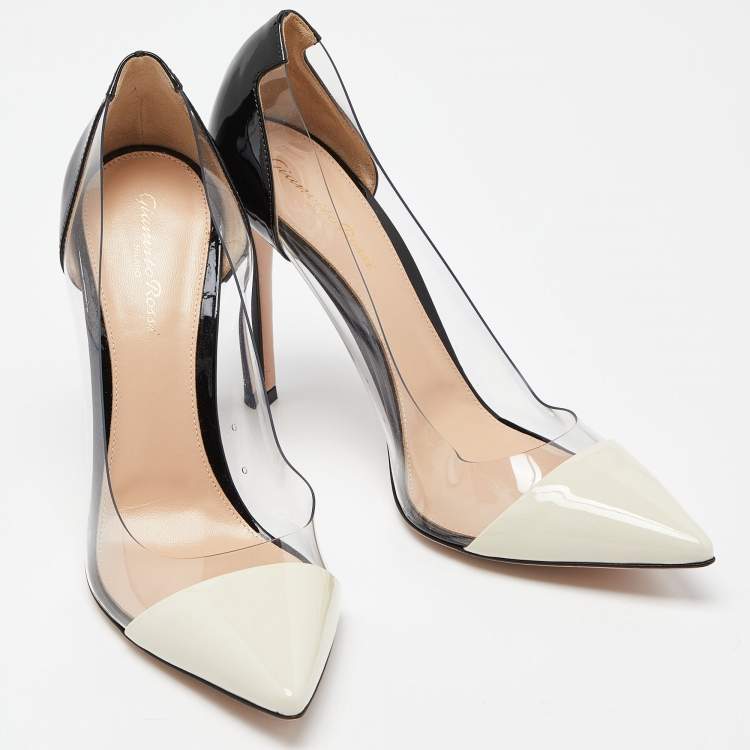 Pre Owned Gianvito Rossi White/Black Patent Leather and PVC Plexi Pointed Toe Pumps Size 40