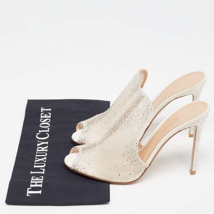 Pre Owned Gianvito Rossi White Mesh Crystal Embellished Mules Size 40.5