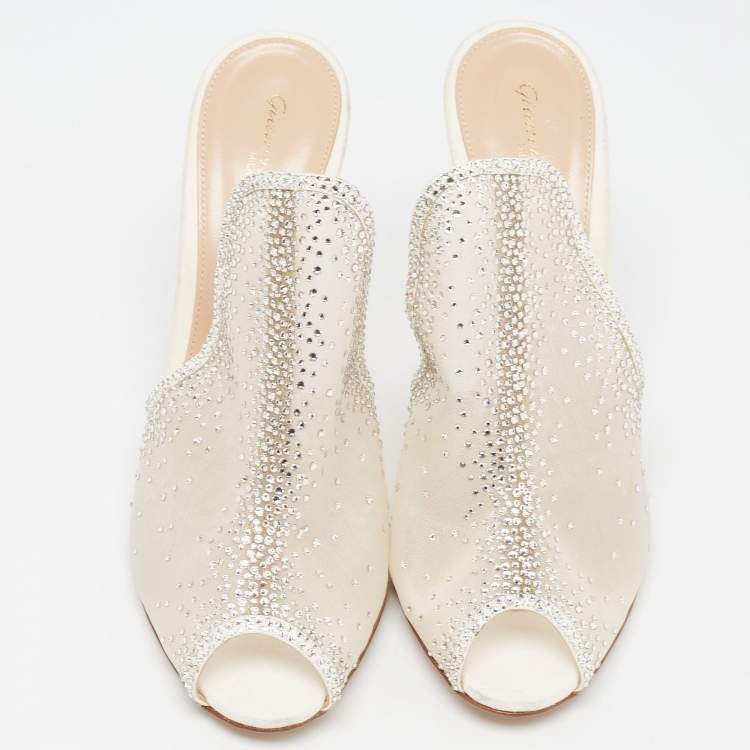 Pre Owned Gianvito Rossi White Mesh Crystal Embellished Mules Size 40.5