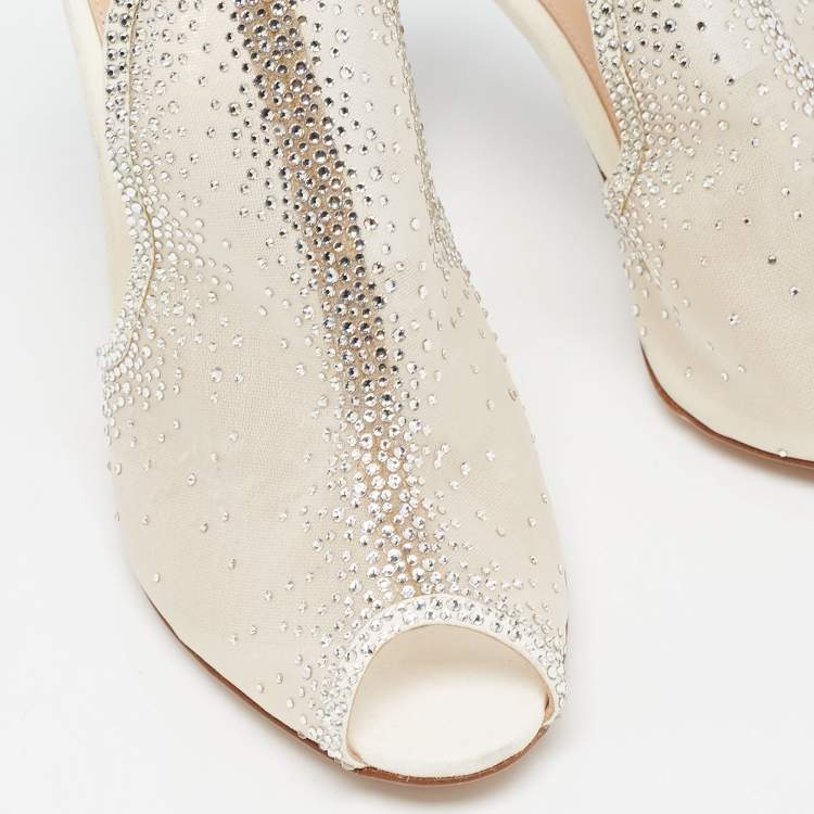 Pre Owned Gianvito Rossi White Mesh Crystal Embellished Mules Size 40.5