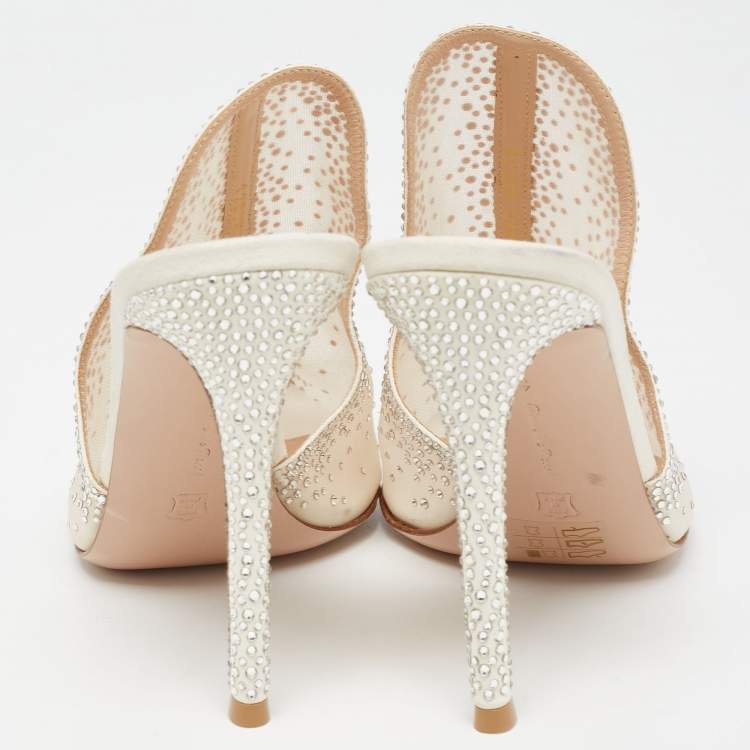 Pre Owned Gianvito Rossi White Mesh Crystal Embellished Mules Size 40.5