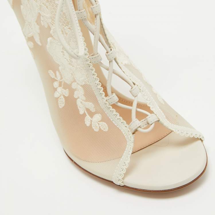 Pre Owned Gianvito Rossi White Mesh and Leather Lace Up Ankle Boots Size 39