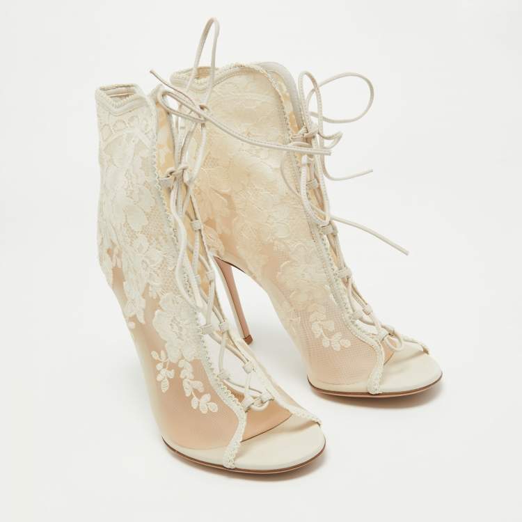 Pre Owned Gianvito Rossi White Mesh and Leather Lace Up Ankle Boots Size 39