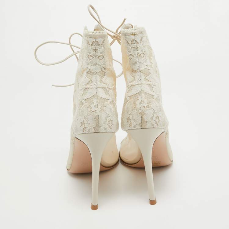 Pre Owned Gianvito Rossi White Mesh and Leather Lace Up Ankle Boots Size 39