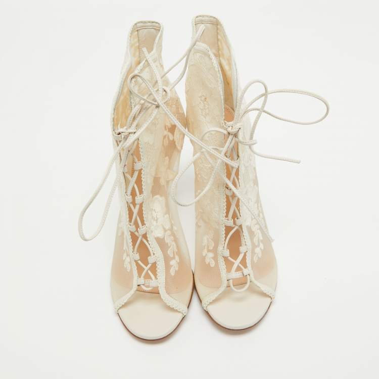 Pre Owned Gianvito Rossi White Mesh and Leather Lace Up Ankle Boots Size 39