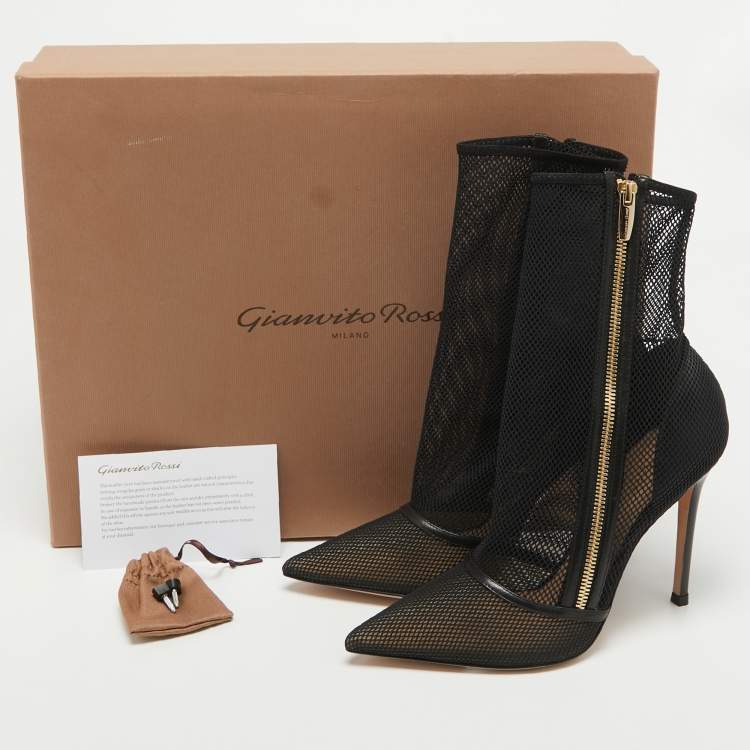Pre Owned Gianvito Rossi Black Mesh and Leather Pointed Toe Ankle Boots Size 38