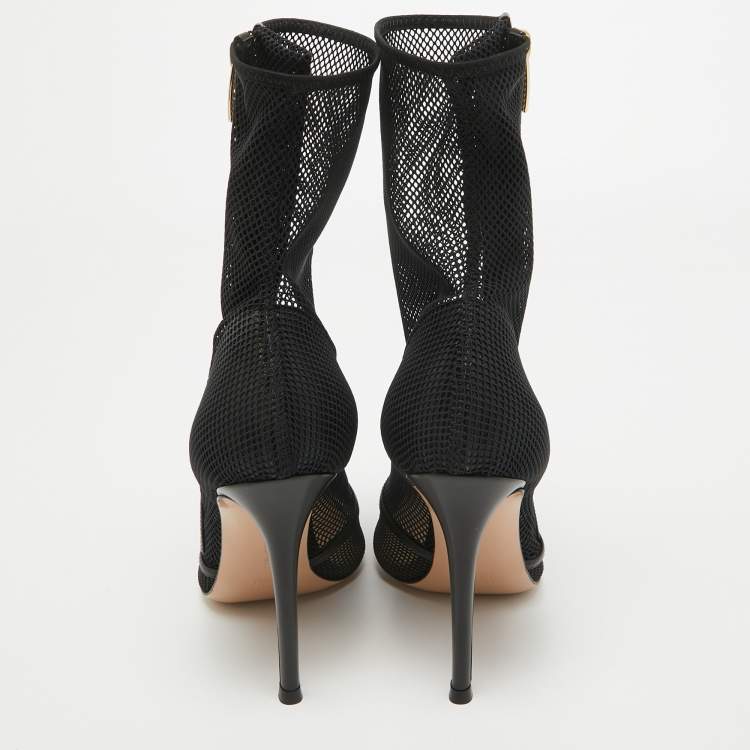 Pre Owned Gianvito Rossi Black Mesh and Leather Pointed Toe Ankle Boots Size 38