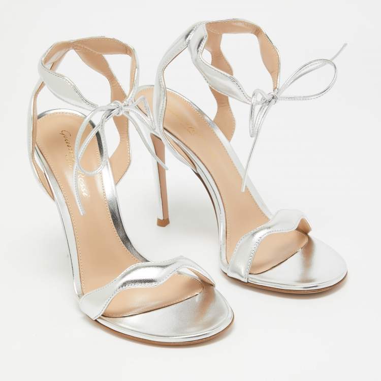Pre Owned Gianvito Rossi Silver Leather Wavy Ankle Tie Sandals Size 38