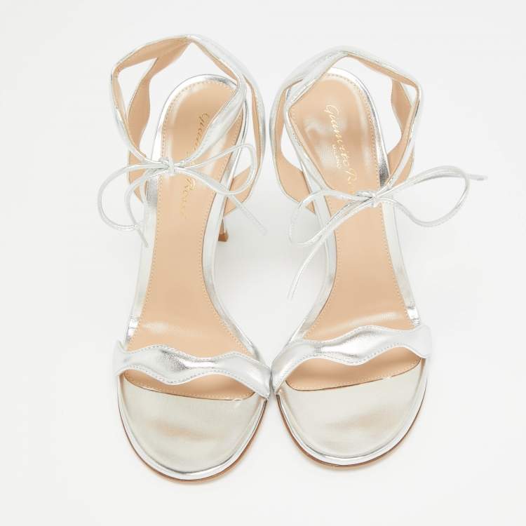 Pre Owned Gianvito Rossi Silver Leather Wavy Ankle Tie Sandals Size 38
