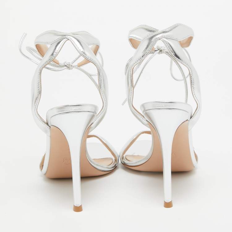 Pre Owned Gianvito Rossi Silver Leather Wavy Ankle Tie Sandals Size 38