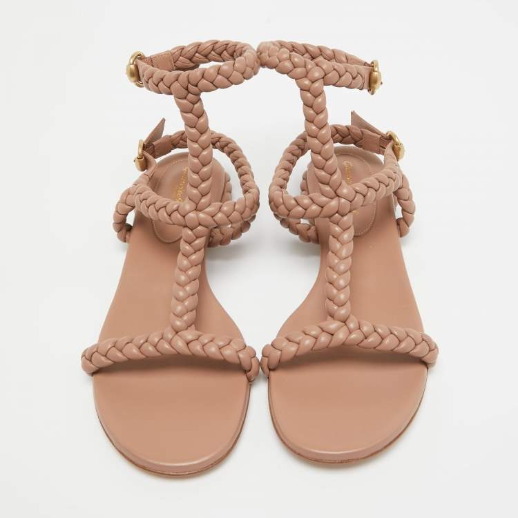 Pre Owned Gianvito Rossi Beige Braided Leather Sorrento Sandals Size 40.5