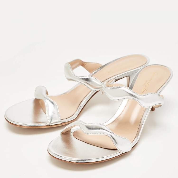 Pre Owned Gianvito Rossi Silver Leather Wavy Sandals Size 38