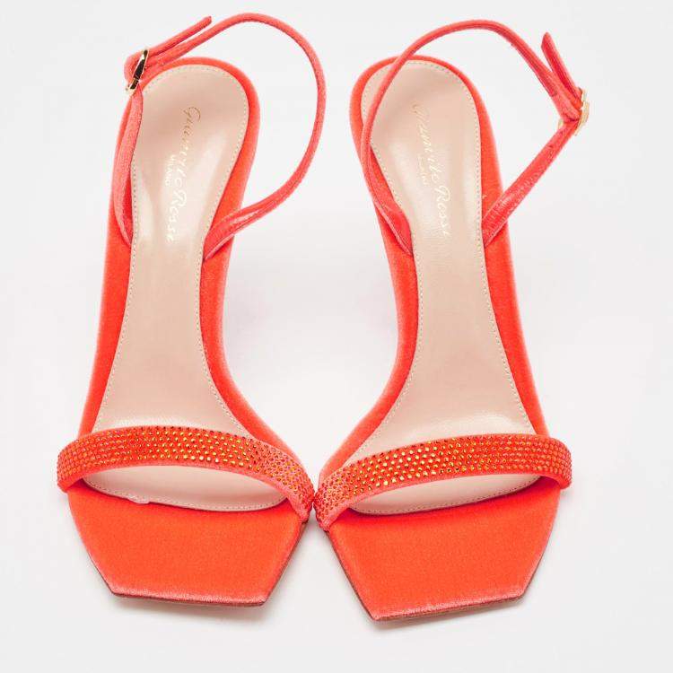 Pre Owned Gianvito Rossi Poppy Red Velvet Embellished Britney Sandals Size 39.5