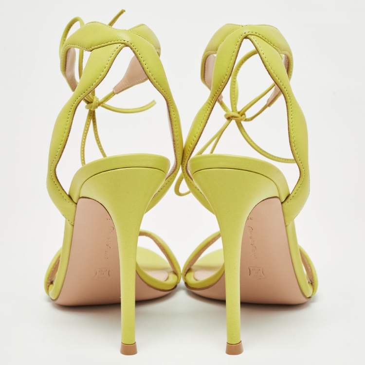Pre Owned Gianvito Rossi Green Leather Wavy Ankle Tie Sandals Size 38.5