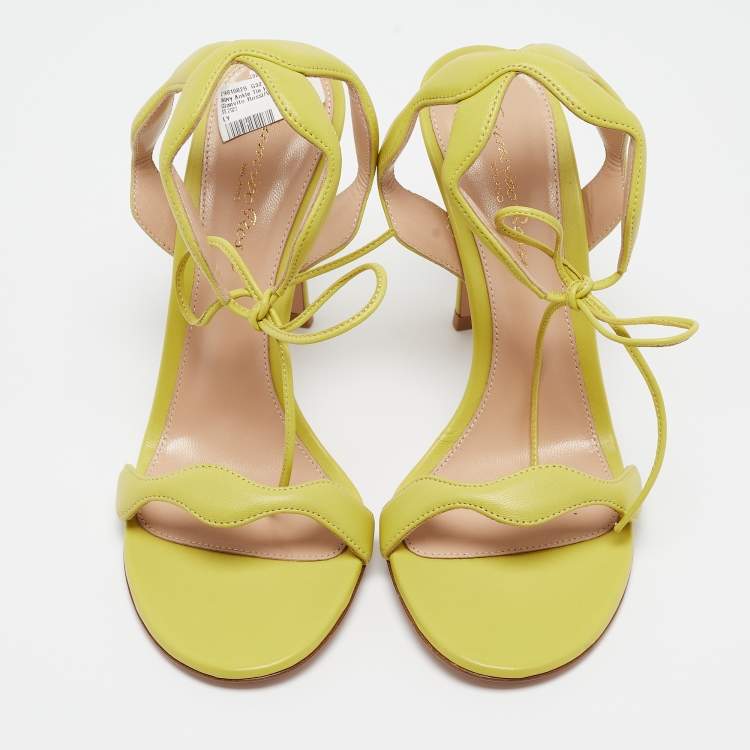 Pre Owned Gianvito Rossi Light Green Leather Wavy Ankle Tie Sandals Size 37