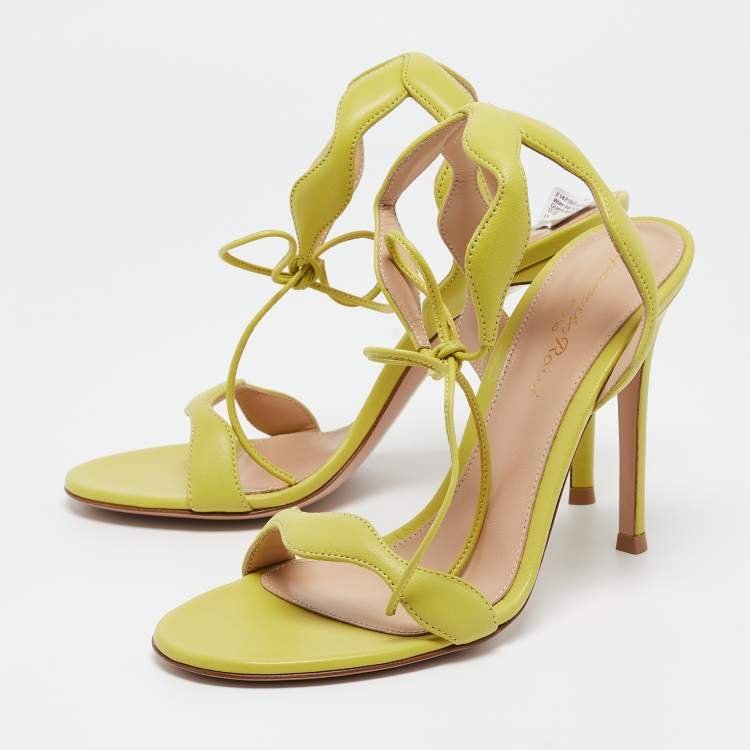 Pre Owned Gianvito Rossi Light Green Leather Wavy Ankle Tie Sandals Size 37