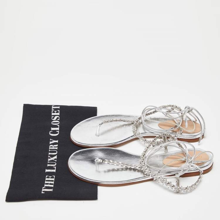 Pre Owned Gianvito Rossi Silver Leather Ankle Wrap Thong Sandals Size 39