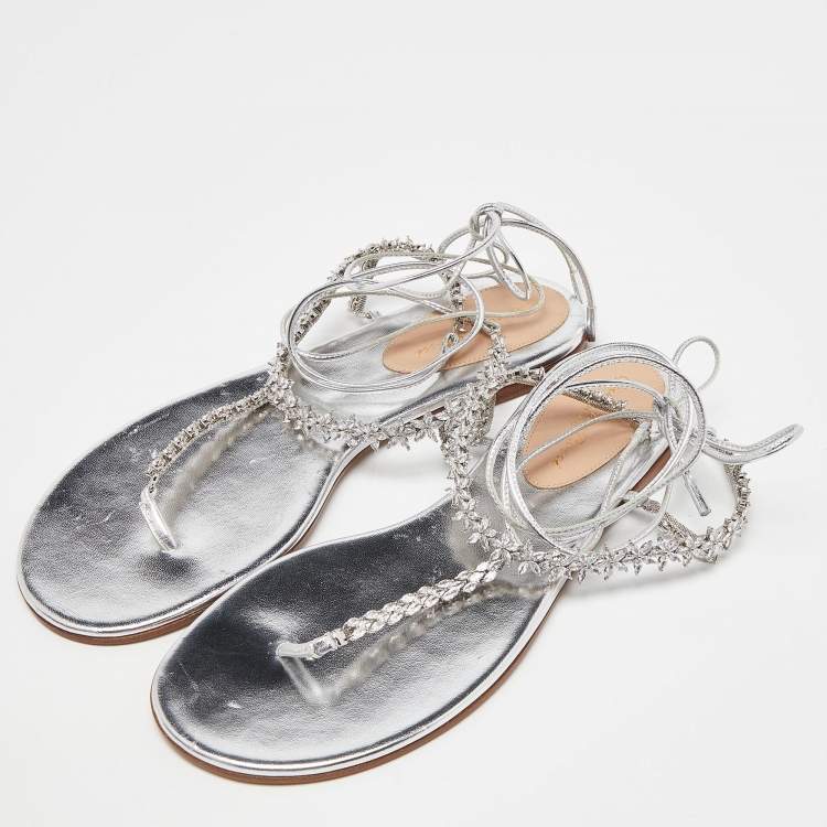 Pre Owned Gianvito Rossi Silver Leather Ankle Wrap Thong Sandals Size 39