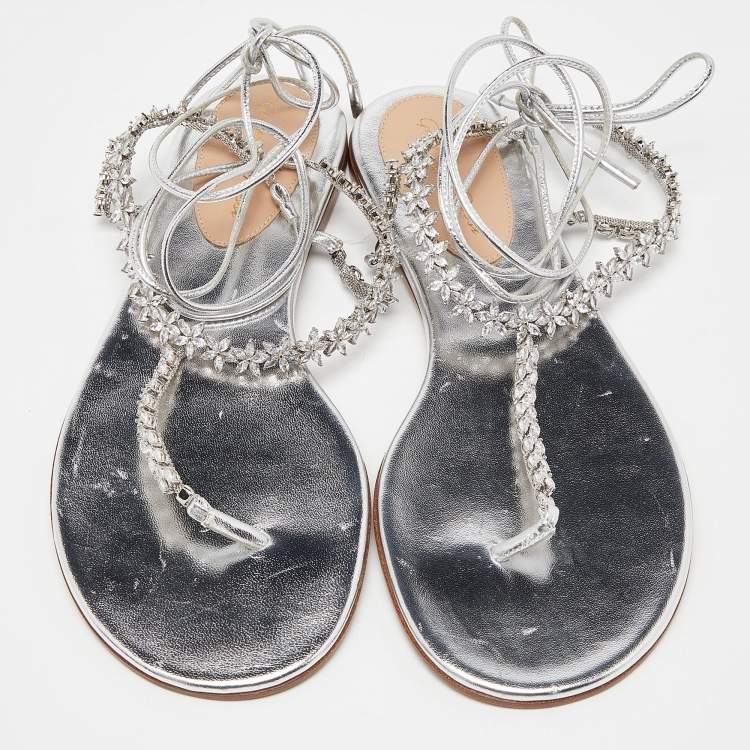 Pre Owned Gianvito Rossi Silver Leather Ankle Wrap Thong Sandals Size 39
