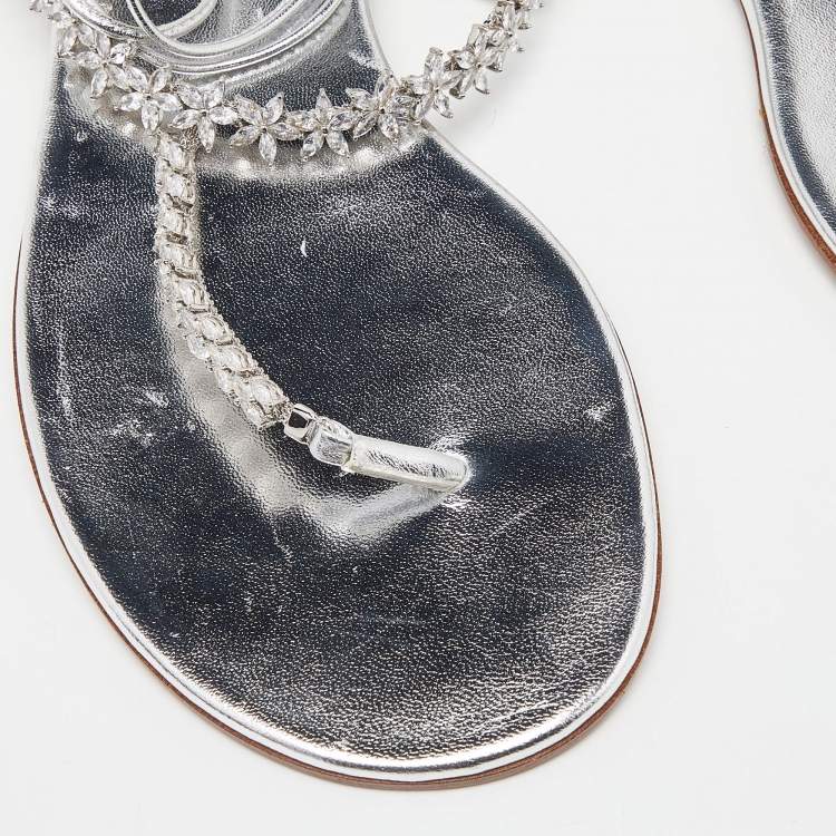 Pre Owned Gianvito Rossi Silver Leather Ankle Wrap Thong Sandals Size 39