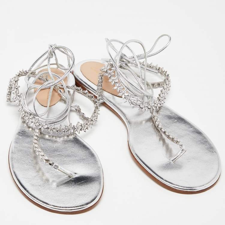 Pre Owned Gianvito Rossi Silver Leather Ankle Wrap Thong Sandals Size 39