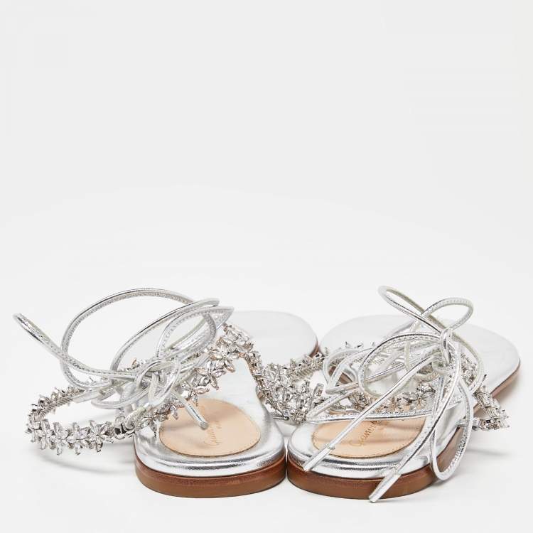 Pre Owned Gianvito Rossi Silver Leather Ankle Wrap Thong Sandals Size 39