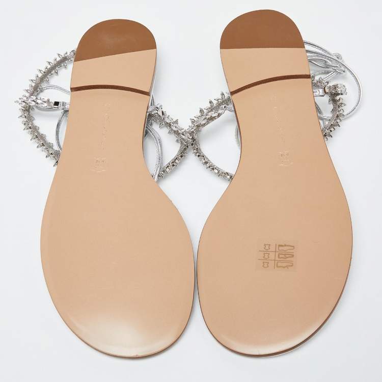 Pre Owned Gianvito Rossi Silver Leather Ankle Wrap Thong Sandals Size 39