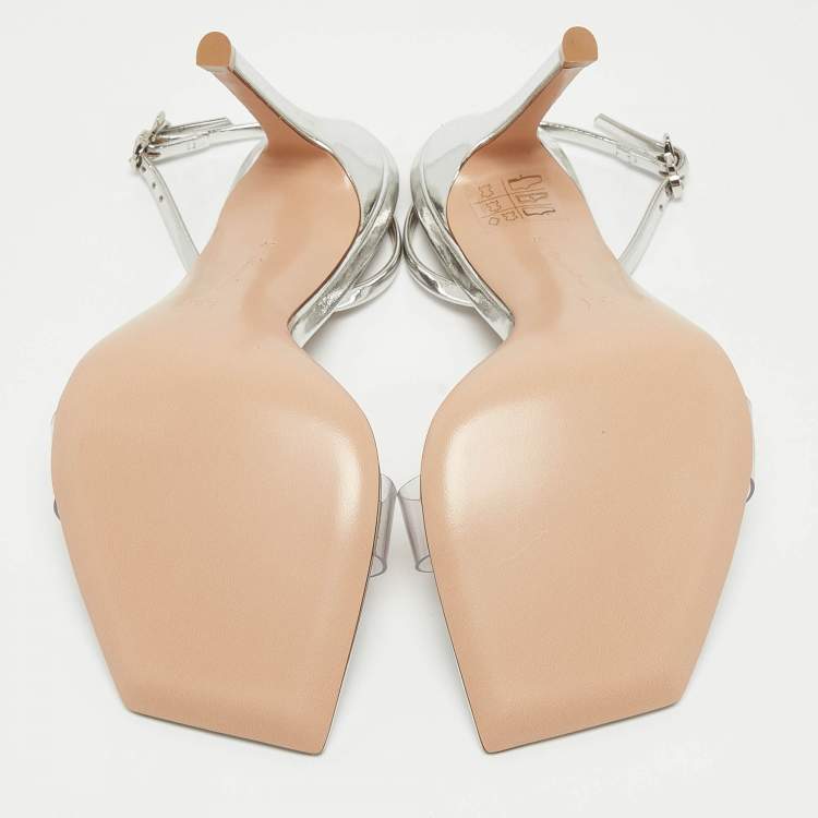 مملوكة مسبقًا Gianvito Rossi Silver Leather and PVC Ribbon Candy Sandals Size 37