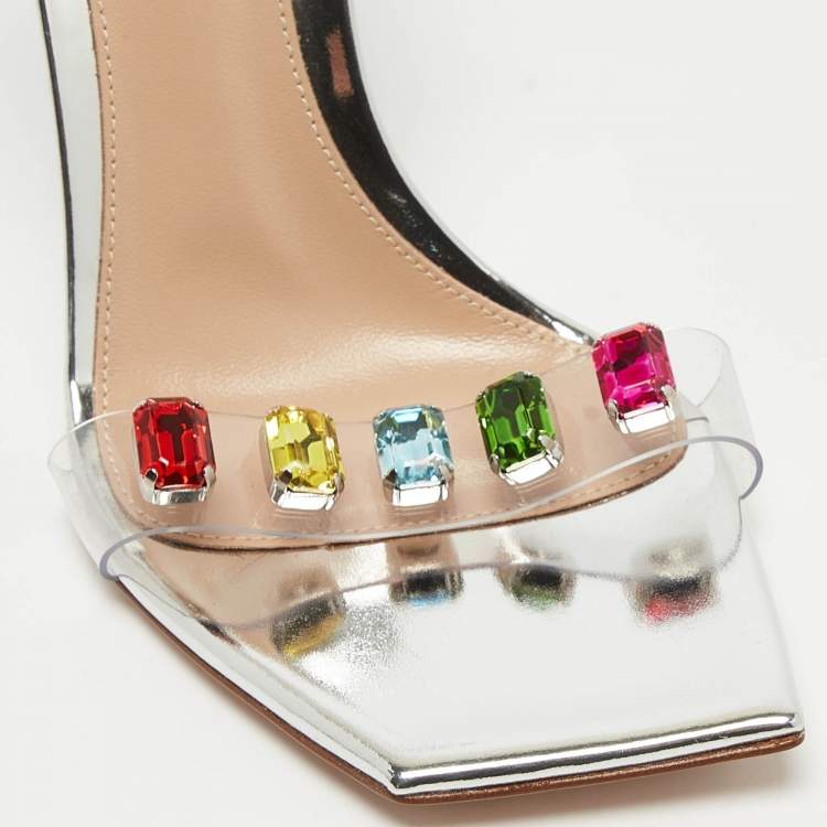 مملوكة مسبقًا Gianvito Rossi Silver Leather and PVC Ribbon Candy Sandals Size 37