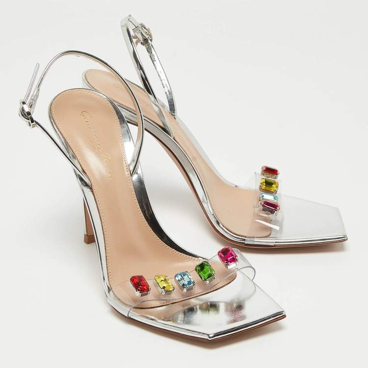 مملوكة مسبقًا Gianvito Rossi Silver Leather and PVC Ribbon Candy Sandals Size 37