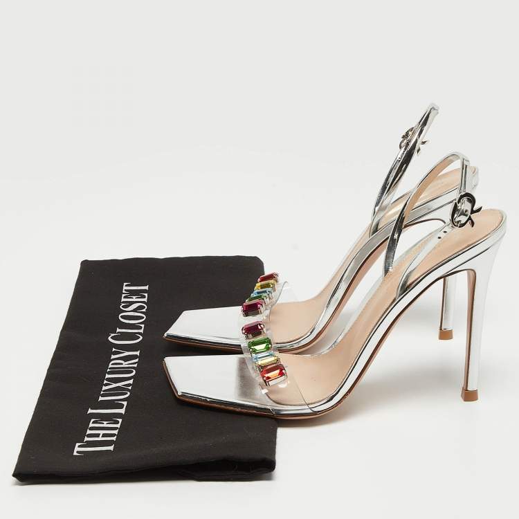 مملوكة مسبقًا Gianvito Rossi Silver Leather and PVC Ribbon Candy Sandals Size 37