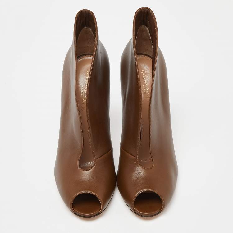 Pre Owned Gianvito Rossi Brown Leather Vamp Peep Toe Booties Size 39