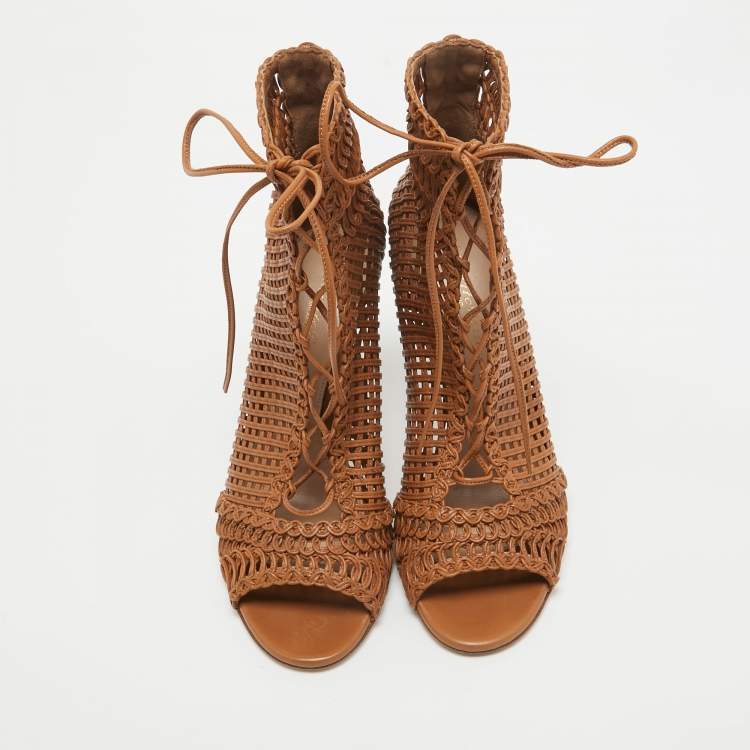 Pre Owned Gianvito Rossi Brown Woven Leather Lace Up Ankle Boots Size 38.5   