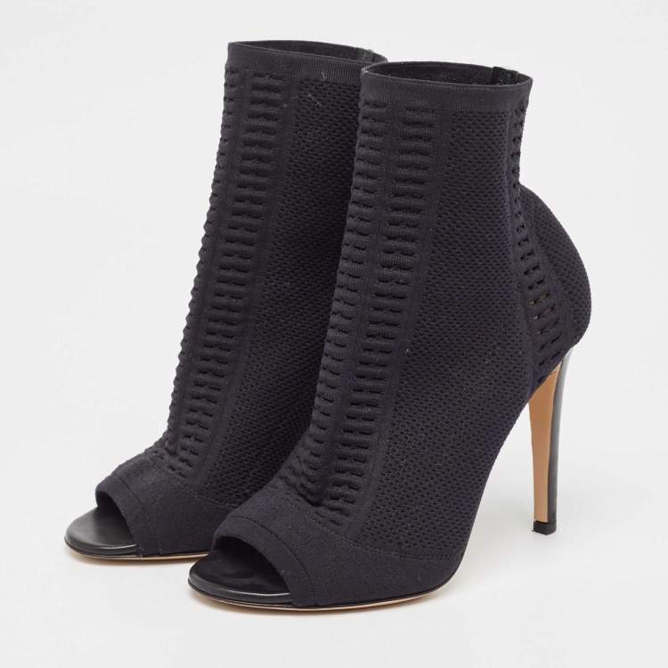 Pre Owned Gianvito Rossi Black Knit Fabric Open Toe Ankle Length Boots Size 37