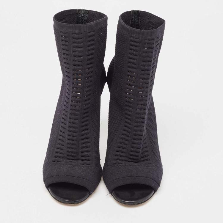 Pre Owned Gianvito Rossi Black Knit Fabric Open Toe Ankle Length Boots Size 37