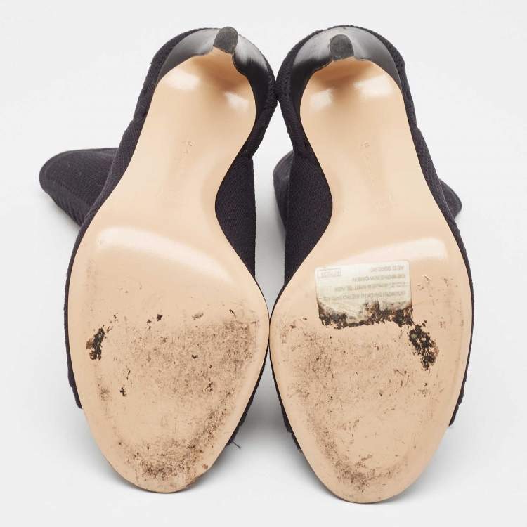 Pre Owned Gianvito Rossi Black Knit Fabric Open Toe Ankle Length Boots Size 37