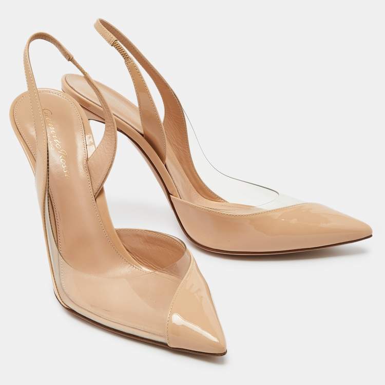 Pre Owned Gianvito Rossi Beige Leather and PVC Pointed Toe Slingback Sandals Size 40.5
