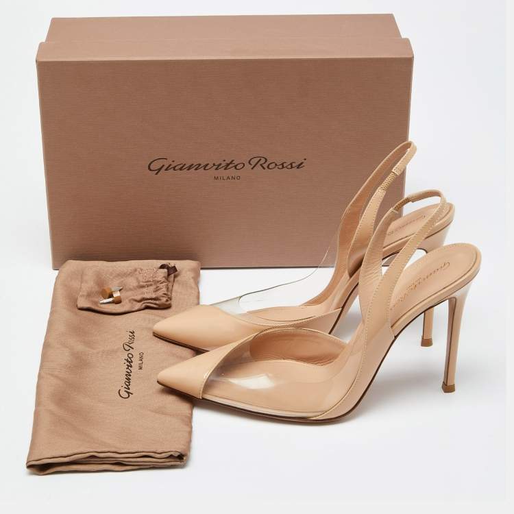 Pre Owned Gianvito Rossi Beige Leather and PVC Pointed Toe Slingback Sandals Size 40.5