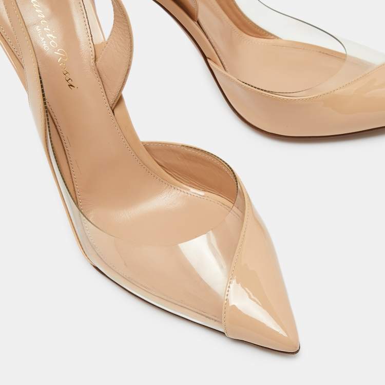 Pre Owned Gianvito Rossi Beige Leather and PVC Pointed Toe Slingback Sandals Size 40.5