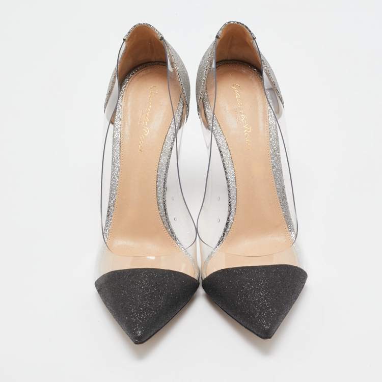 Pre Owned Gianvito Rossi Black/Silver Glitter and PVC Plexi Pumps Size 39