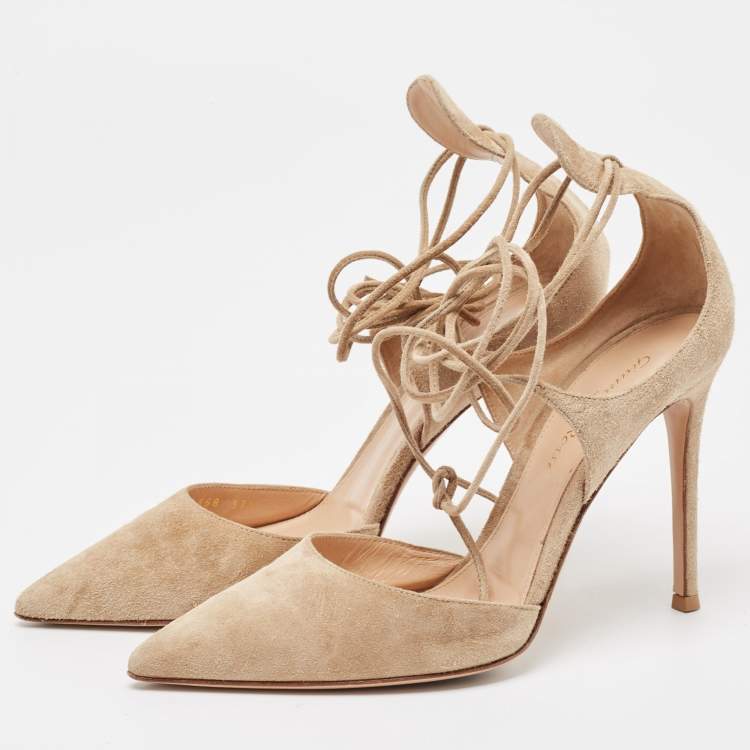 Pre Owned Gianvito Rossi Beige Suede Ankle Tie Pumps Size 37.5