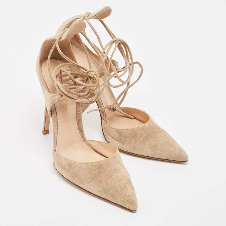Pre Owned Gianvito Rossi Beige Suede Ankle Tie Pumps Size 37.5