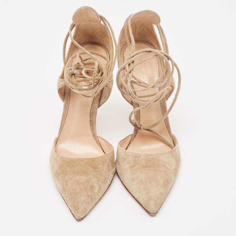 Pre Owned Gianvito Rossi Beige Suede Ankle Tie Pumps Size 37.5