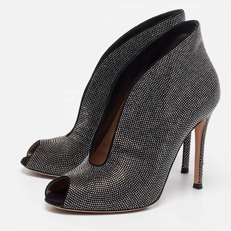 Pre Owned Gianvito Rossi Black Sued Studded Vamp Booties Size 38