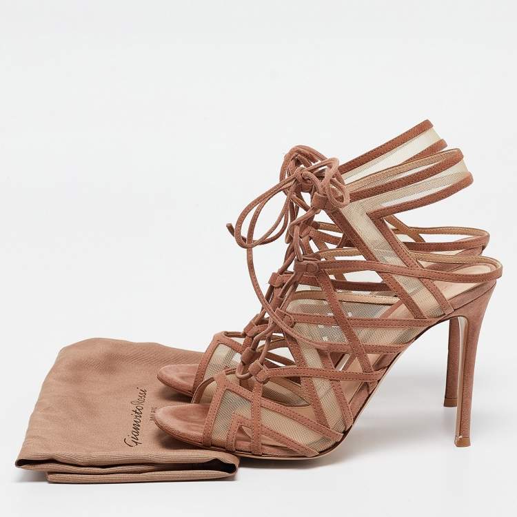 Pre Owned Gianvito Rossi Brown Suede and Mesh Adria Sandals Size 37.5